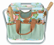 Esschert Design Jute Gartengerätestuhl mit Rosendruck, 40 x 31 x 31 cm, mit zahlreichen Taschen, klappbar, mit Trageschlaufe 