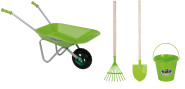 Esschert Design Set: Gartengeräte für Kinder, Kinderschubkarre, Kinderrechen, Kinderspaten und Kindereimer im Set in grün 