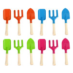 Rivanto® Kinder Gartenwerkzeug Set, Harke/Schaufel/Hand-Spaten, 6,4x2,5 / 7,4x2,5 / 6,3x3,5 x 20,4 cm, Farbwahl nicht möglich, orange/blau/pink/grün 