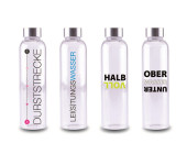 Steuber Glasflasche mit verschiedenen Schriftzügen, 700 ml, Borosilikatglas/Edelstahlverschluss, temperatur-resistent, spülmaschinengeeignet 