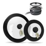 2er Set culinario Universal-Glasdeckel mit Auslassventil und Silikonrand für Ø 16/18/20 cm und Ø 24/26/28 cm Kochtopf Deckel Set Klein + Mittel