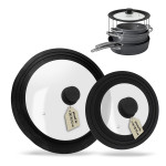 Steuber 2er Set Universal Glasdeckel für Töpfe und Pfannen 16/18/20 cm & 28/30/32 cm, mit Auslassventil und Silikonrand, schwarz Kochtopf Deckel Set Klein + Groß