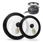 Steuber 2er Set Universal Glasdeckel für Töpfe und Pfannen 24/26/28 cm & 28/30/32 cm, mit Auslassventil und Silikonrand, schwarz Kochtopf Deckel Set Mittel + Groß
