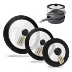 Steuber 3er Set Universal Glasdeckel für Töpfe und Pfannen 16/18/20 cm, 24/26/28 cm & 28/30/32 cm, mit Auslassventil und Silikonrand, schwarz Kochtopf Deckel Set Komplett Set