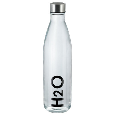 AXENTIA Glas Trinkflasche H2O 650 ml, Borosilikatglas mit Edelstahl-Deckel, transparente Flasche mit schwarzem "H2O"-Aufdruck, Wasserflasche für Büro 