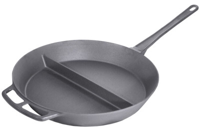Contacto Eisenguss-Riesenpfanne 80 cm Durchmesser mit Mittelsteg mit einem großen angegossenen Doppelgriffen und Stiel 