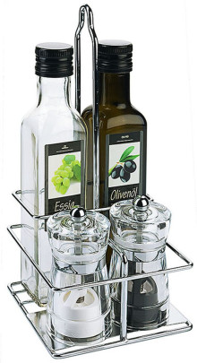 Contacto Menage Set Essig & ÖL 250 ml mit Salz- und Pfeffermühle - verchromter Draht, Glasflaschen, Acrylmühlen, Keramik- und Kunststoff-Mahlwerk 