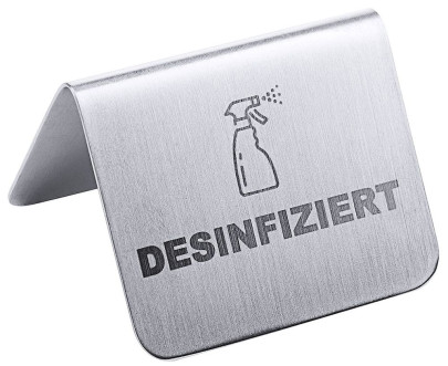 Contacto Schild DESINFIZIERT Aufsteller 5,3 x H3,5 cm, beidseitig beschriftet, Edelstahl, seidenmatt poliert, schwere Qualität 