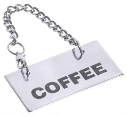 Contacto Schild für Kannen: COFFEE für Buffet in Bistro und Gastronomie, hochglänzend poliert, an 35 cm langer Kette 