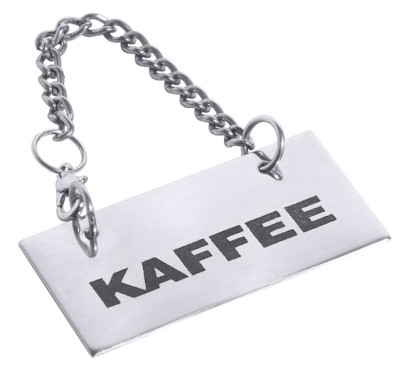 Contacto Schild für Kannen: KAFFEE für Buffet in Bistro und Gastronomie, hochglänzend poliert, an 35 cm langer Kette 