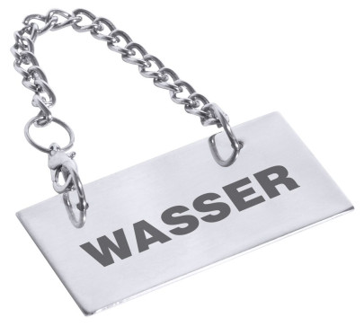 Contacto Schild für Kannen: WASSER für Buffet in Bistro und Gastronomie, hochglänzend poliert, an 35 cm langer Kette 