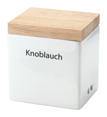 Continenta Knoblauch Vorratsdose aus Keramik mit Holzdeckel, Knoblauchtopf, Knoblauchdose mit Aufschrift: Knoblauch, Größe: 14 x 12 x 15,5 cm Anzahl: 1 Stück