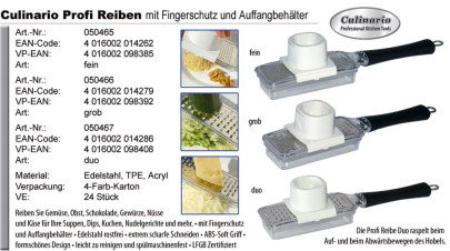 culinario Profi-Reibe, grob, mit Fingerschutz und Auffangbehälter grob