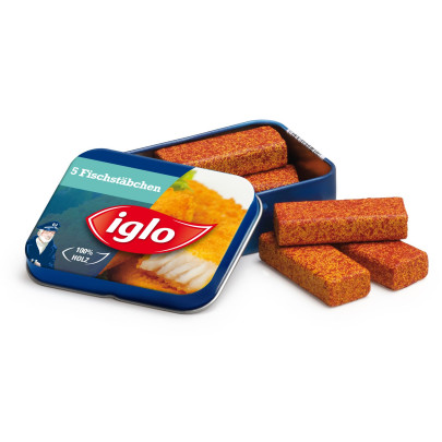 Erzi Fischstäbchen von Iglo in der Dose, Spielzeug-Fischstäbchen, Kaufladenzubehör 