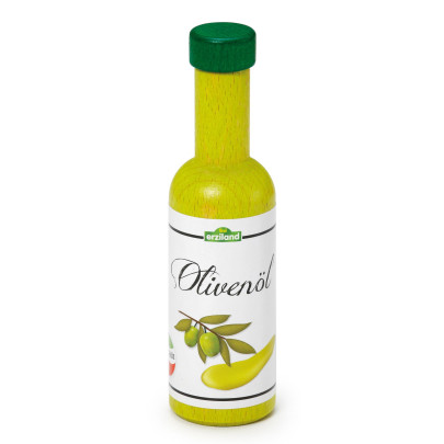 Erzi Olivenöl, Spielolivenöl, Olivenölspielzeug, aus Holz, Höhe 11 cm, Durchmesser 3,2 cm, gelb-weiß 