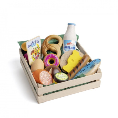 Erzi Sortiment Snacks XL, Kinder Holz Spielzeug für Markt und Spielzeugküche 