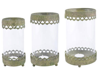 Esschert Design Aged Metal Grün Windlicht 3er Set aus veraltetem Metall und Glas, 9,0 x 9,0 x 17,6 cm 