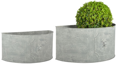 Esschert Design AM Löwe Blumentopf 2er Set, halbrund, 42,2 x 22 x 20 / 49,2 x 26 x 23,8 cm, aus Aged Metall, antikes Design, grau 