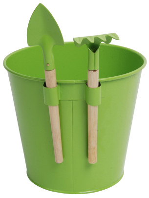 3 Stück Esschert Design Blumentopf mit Mini-Tools (Schaufel und Rechen) für Kinder, ca. 16 cm x 17 cm x 18 cm Anzahl: 3 Stück