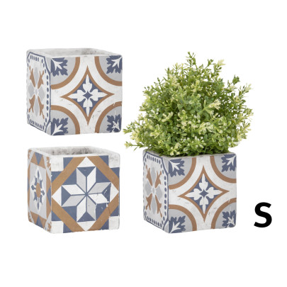 Esschert Design Blumentopf‚ Portugiesische Kacheln aus Beton, Größe S, 11,3 x 11,3 x 10,9 cm, quadratischer Blumentopf, Pflanztopf 