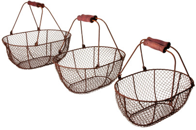 Esschert Design Drahtkorb, Metallkorb, Gemüsekorb 3-er Set in antikbraun mit Holzgriff, verschiedene Größen 