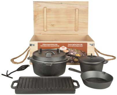 Esschert Design Dutch oven Set 7teilig aus Gusseisen, Paulownienholz und Juteseil, 28,9 x 28,0 x 15,8 cm 