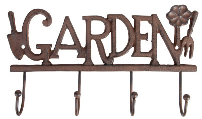 Esschert Design Garderobenleiste, Hakenleiste Motiv "Garden" mit 4 Haken aus Gusseisen, ca. 30 cm x 5,5 cm x 18 cm 