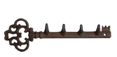 Esschert Design Garderobenleiste, Hakenleiste Motiv Schlüssel mit 4 Haken aus Gusseisen, ca. 29 cm x 2,5 cm x 9,4 cm 