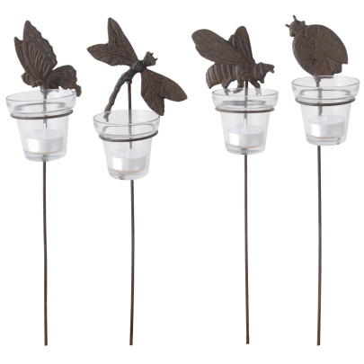 Esschert Design Gartenlicht, Teelichthalter Motiv Insekten, mit Erdstab und Glaseinsatz, 1 Stück, sortiert, ca. 8,5 cm x 9 cm x 42 cm Insekten | Anzahl: 1 Stück