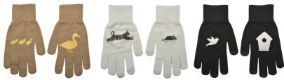 Esschert Design Handschuhe anschließendes Muster, Design sortiert, 13 x 23 cm, mit Bund, in braun/weiß/schwarz, Entenfamilie, Katzenjagd, Vogelhaus 