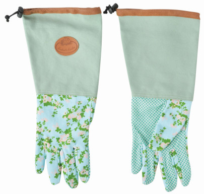 Esschert Design Jute Handschuhe mit Rosendruck, 18 x 1,2 x 37 cm, lang, mit Unterarmschutz, mit Noppen, Grundfarbe grün 