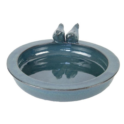 Esschert Design  Keramik Vogeltränke mit Vogelfiguren, Ø 30 cm, Höhe 10 cm, petrol, Vogelbad für Wildvögel, Futterstation 