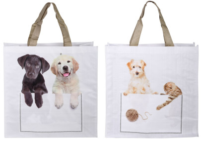 Esschert Design Kuckuck! Tasche Hund & Katze, aus Polyester, Einkaufstasche 2 versch. Designs, 40 x 14 x 40 cm, Design sortiert, in weiß 
