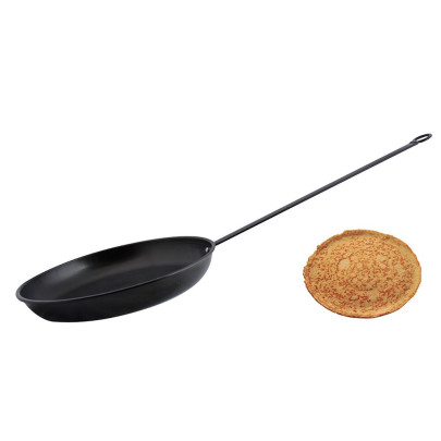 Esschert Design Pfannenkuchen Pfanne, Outdoor Bratpfanne Länge 78 x Ø 27 cm, Camping Crepes Pfanne für Lagerfeuer extra flacher Rand Pfannkuchen