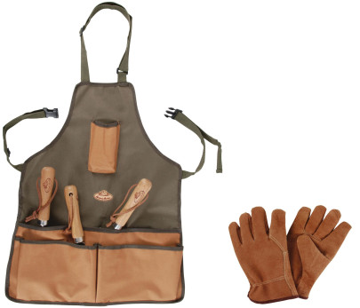 Esschert Design Set: Gartengeräteschürze mit Taschen, Maße 48 x 58 cm, inklusive Lederhandschuhe 
