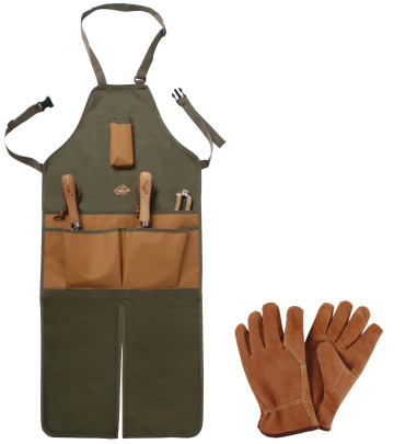 Esschert Design Set: Lange Gartenschürze mit Taschen, inklusive Gartenhandschuhe, Lederhandschuhe, Länge 