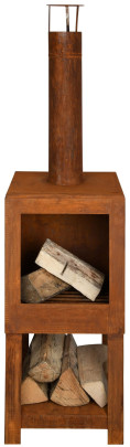 Esschert Design Terrassenofen mit Holzlager, in Rost Optik, 38,4 x 38,4 x 136,3 cm, Gartendekoration, Holzofen mit Zubehör 