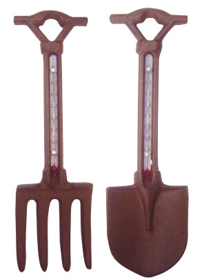 Esschert Design Thermometer, Temperaturmesser Motiv Gabel oder Schaufel aus Gusseisen, 1 Stück, sortiert, ca. 7 cm x 23,6 cm 