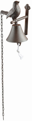 Esschert Design Türglocke Vogel aus Gusseisen, 12 x 14,2 x 18,5 cm, mit Vogelfigur, mit Montagelochung, weiße Zugschnur 