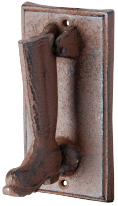 Esschert Design Türklopfer mit Stiefelmotiv aus rötlichem Gusseisen, antik wirkend, ca. 8,4 cm x 9,5 cm x 16 cm 