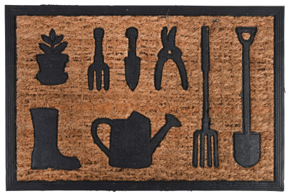 Esschert Design Türmatte Gartenwerkzeuge, 60,8 x 40,3 x 0,8 cm, aus Kokosfaser/Kunststoff, Türvorleger, Fußabstreifer, braun/schwarz 