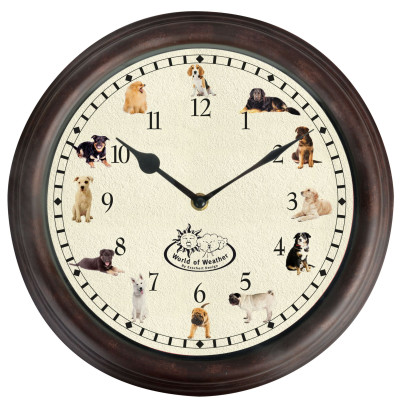 Esschert Design Uhr mit Hundegeräuschen Ø 30 cm, Wanduhr mit Sounds, Kunststoff 