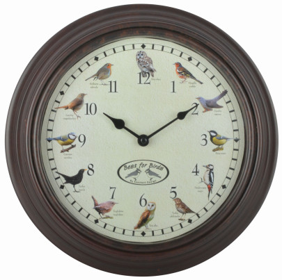 Esschert Design Uhr mit Vogelgezwitscher, aus Kunststoff, mit verschiedenen Vogelmotiven, 30,1 x 4,5 x 30,1 cm, Gartenuhr 