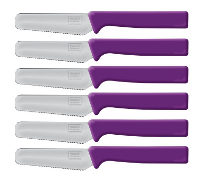 6 Stück homiez Frühstücksmesser KNIFE lila, Brötchenmesser, Tafelmesser, Brotzeitmesser, Wellenschliff, Soft-Griff lila | Anzahl: 6 Stück