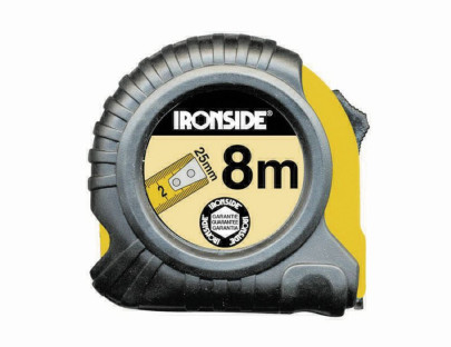 IRONSIDE Rollbandmaß, Maßband, mit Stopp 8 m, 25 mm Band, gummiertes Geh 