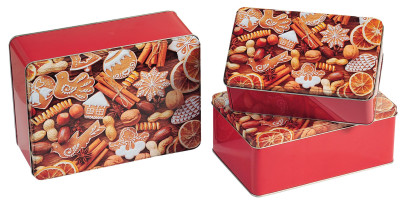 Kesper 3-teiliges Gebäckdosen Set, 18 x 7 x 11 cm, 20 x 8 x 113 cm, 22 x 9 x 16 cm, aus Metall, mit Gebäck-/ Plätzchenmotiven, in rot 