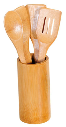 Kesper 5-tlg. Küchenhelfer-Set, je 30 cm Länge, 2x Kochlöffel (rund/spitz), 2x Bratenwender (mit/ohne Schlitze), Ständer Ø 8,5 x H 18 cm 