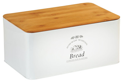 Kesper Brotkasten "Landhaus" aus Metall, 32,5 x 21 x 15 cm, Brot Aufbewahrung mit Holzdeckel FSC-zertifizierter Bambus, Schriftzug "Bread", weiß 