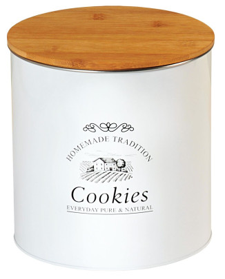 Kesper Große Keks Dose aus Metall, Ø 17,3 cm, Höhe 18 cm, mit "Cookies" Aufschrift, in Landhaus Optik, mit Bambusdeckel, Vorratsdose in weiß 