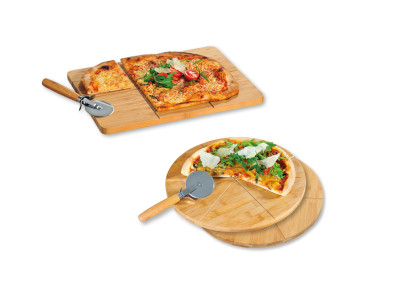 Kesper Pizzaliebhaber Set aus Pizzateller und Pizzaschneider, XXL Pizzateller aus FSC-Bambus mit Edelstahl-Pizzaroller 